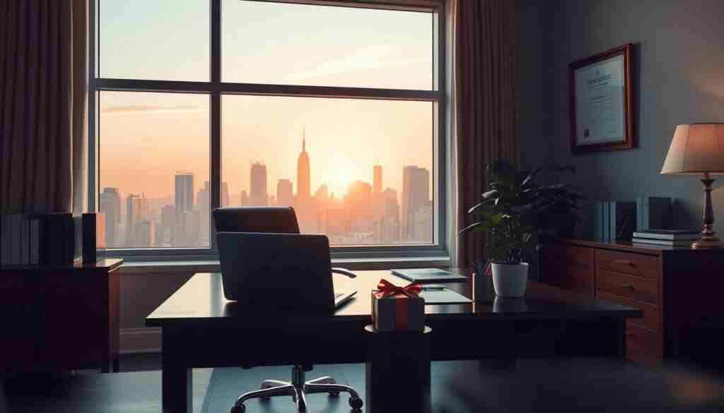 A formal, elegant office setting with a wooden desk, a potted plant, and a framed certificate or award on the wall. The desk is neatly organized, with a laptop, a pen holder, and a small, beautifully-wrapped gift box. Through a large window, a city skyline is visible, bathed in the warm glow of the setting sun. The lighting is soft and diffused, creating a sense of tranquility and professionalism. The scene conveys a sense of accomplishment, as if the recipient of the gift has just been promoted or recognized for their hard work. A formal, elegant office setting with a wooden desk, a potted plant, and a framed certificate or award on the wall. The desk is neatly organized, with a laptop, a pen holder, and a small, beautifully-wrapped gift box. Through a large window, a city skyline is visible, bathed in the warm glow of the setting sun. The lighting is soft and diffused, creating a sense of tranquility and professionalism. The scene conveys a sense of accomplishment, as if the recipient of the gift has just been promoted or recognized for their hard work.