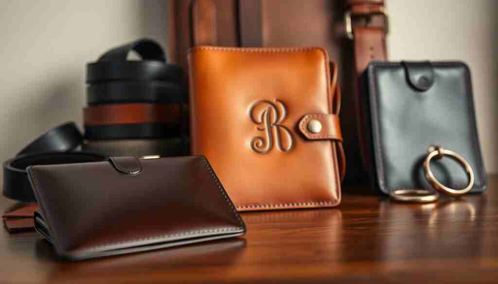 A personalized leather goods display, showcasing a collection of expertly crafted, high-quality leather items. In the foreground, a sleek and modern leather wallet, its surface reflecting the warm glow of the studio lighting. In the middle ground, a leather-bound journal, its cover embossed with an elegant monogram, evoking a sense of timeless sophistication. The background features a selection of other custom-made leather accessories, such as a belt, a keychain, and a small leather pouch, all arranged in a visually appealing and harmonious composition. The overall scene conveys a sense of exclusivity, attention to detail, and the exceptional craftsmanship that goes into creating these personalized leather goods.